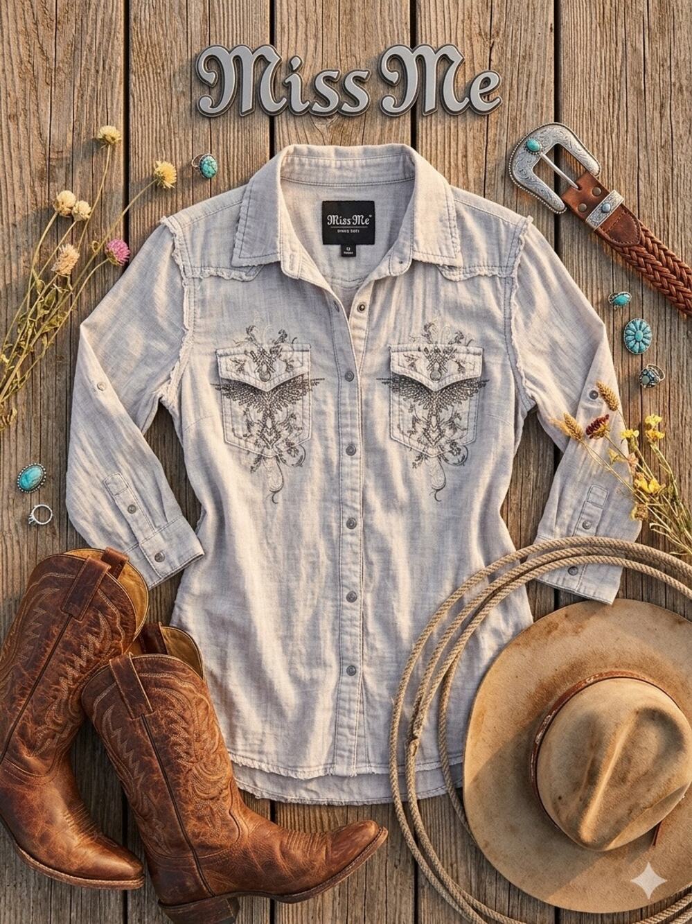 Miss Me Distressed Embellished Cotton Oversized Shirt/Dress Size L